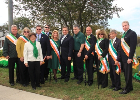 Photo #2:  Pictured (left to right) are John Gallerger of Long Beach, Legislator Denise Ford, County Clerk Maureen O'Connell, President of the Hibernian Society Brian Sharkey of Long Beach, Judge Frank Dikranis, Grand Marshall Noreen O'Keefe Costello, Nassau County Executive Edward Mangano, Congressman Peter King, Eamon Donohoe of Long Beach, Donna Jacobellis, Larry Elovich, and Donal M. Mahoney.  