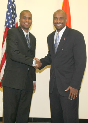 Legislator Abrahams and Olympian Derrick Adkins